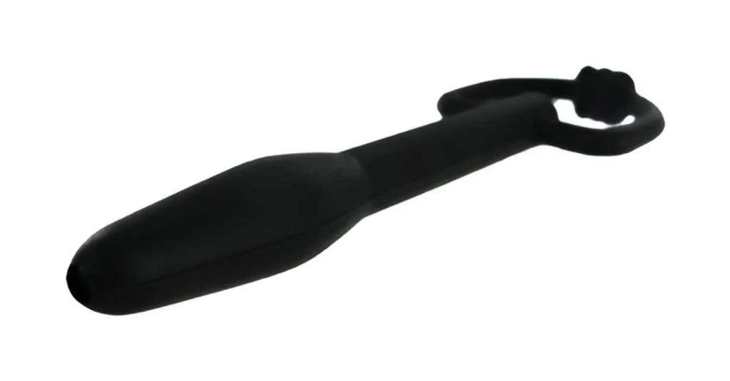 Black silicone anal plug with looped handle from master series the hallows cum-thru d-ring penis plug