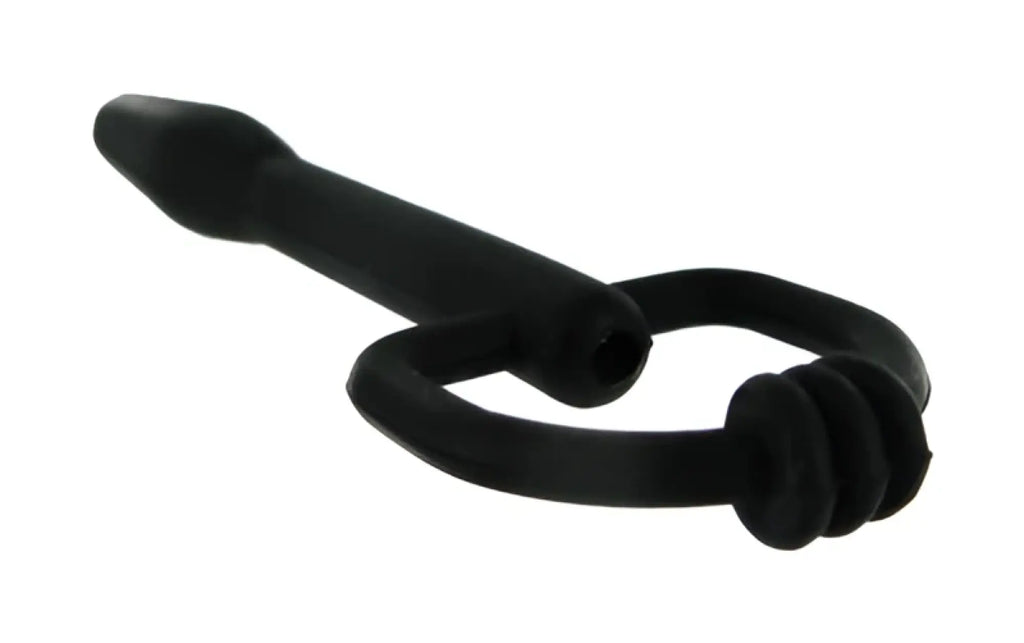 Black silicone suction cup d-ring penis plug with curved loop and tapered end from master series the hallows cum-thru