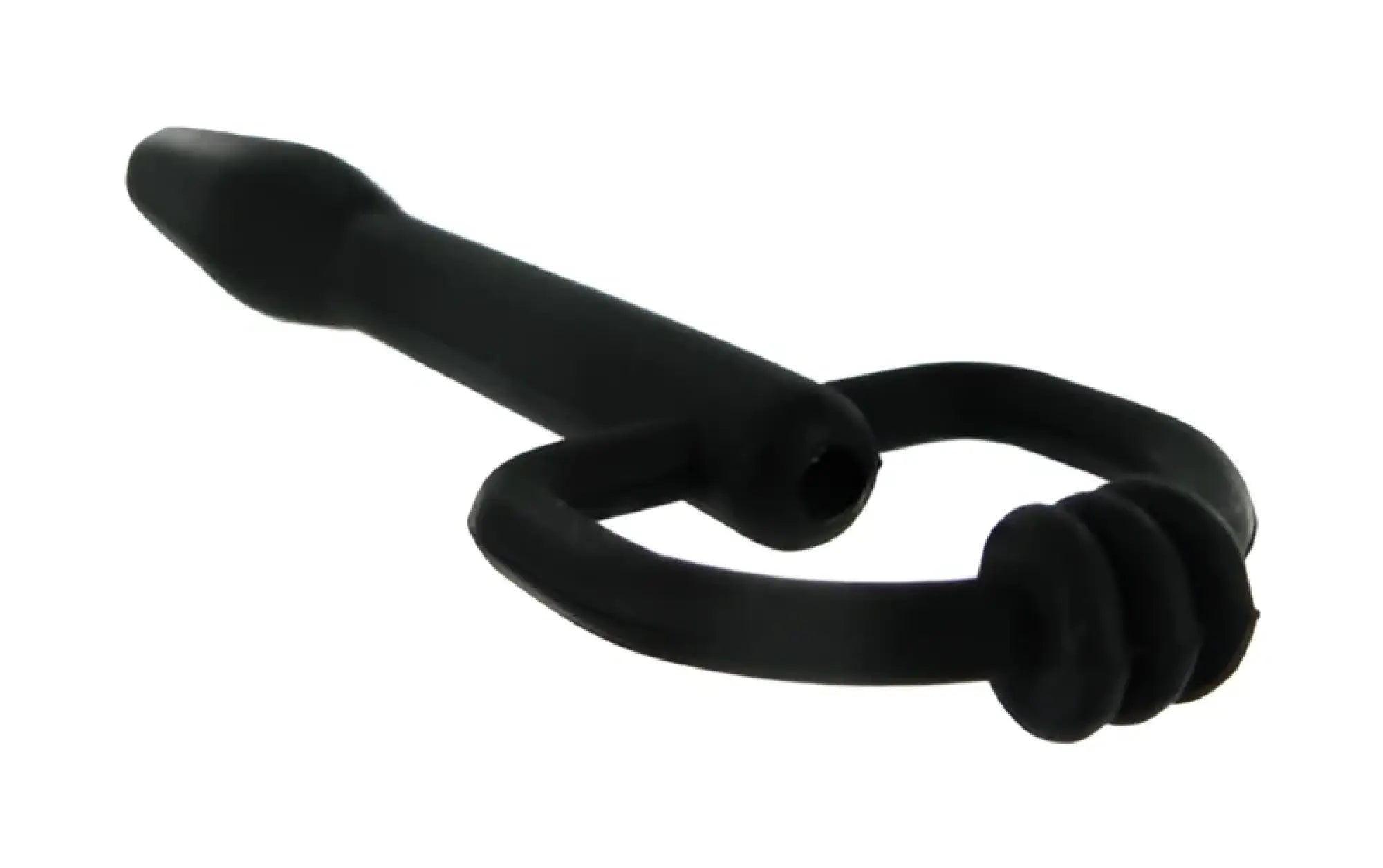 Black silicone suction cup d-ring penis plug with curved loop and tapered end from master series the hallows cum-thru