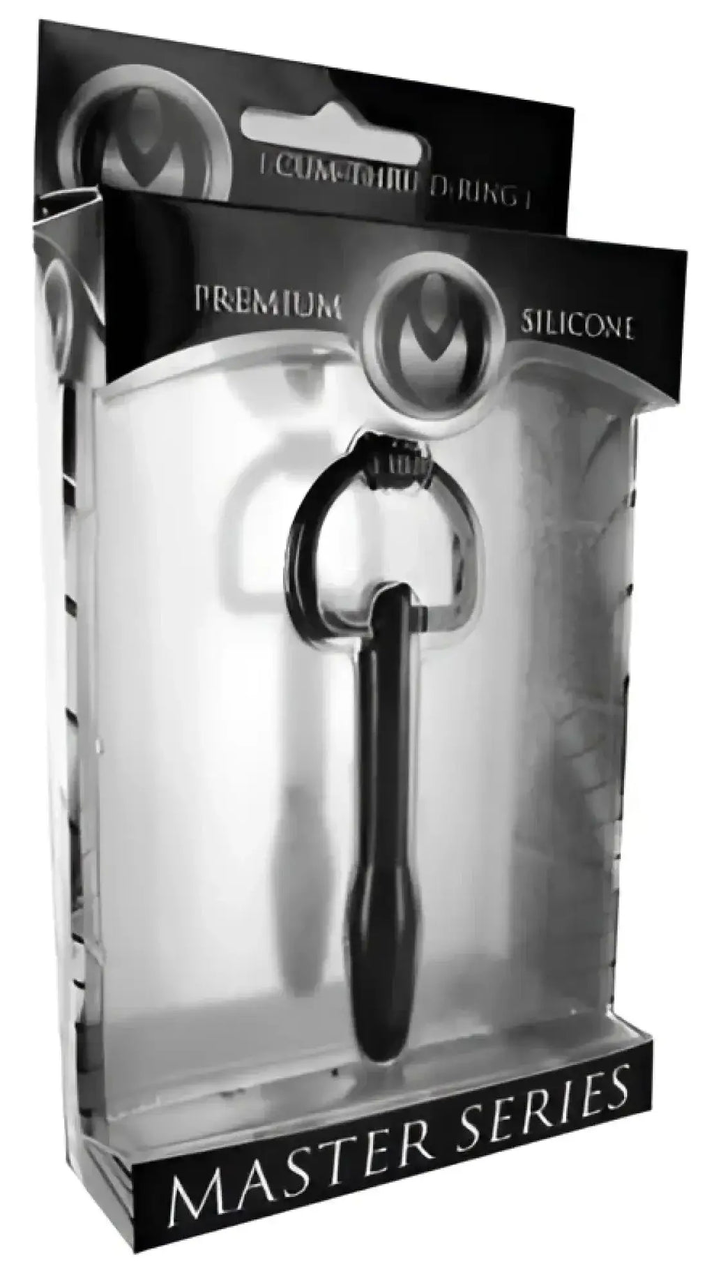 Black silicone 7 cm cum-thru d-ring penis plug from master series the hallows shown from the back side