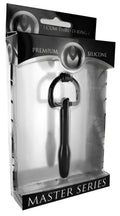 Black silicone 7 cm cum-thru d-ring penis plug from master series the hallows shown from the back side
