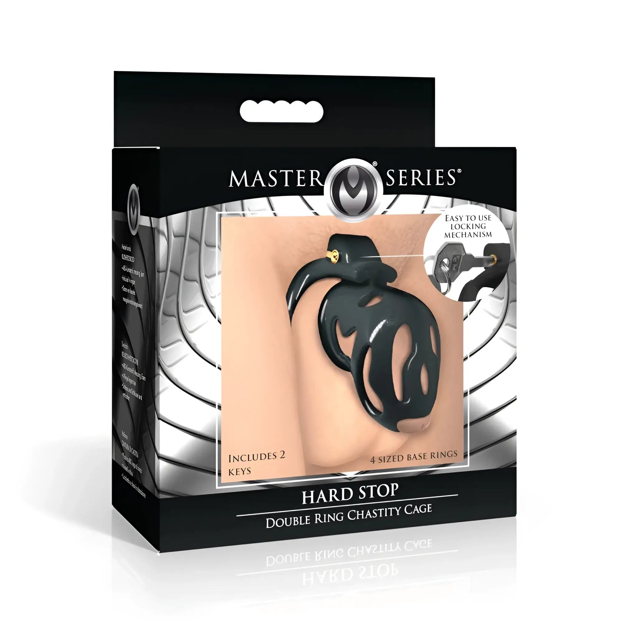 Black master series hard stop double ring chastity cage with glossy finish and adjustable base rings visible from the back