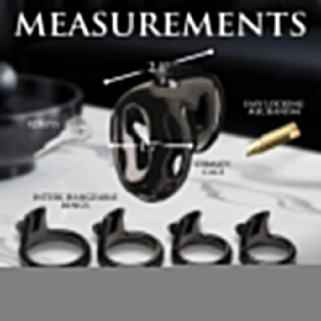 Black glossy plastic Master Series Hard Stop double ring chastity cage with interchangeable rings and easy locking mechanism