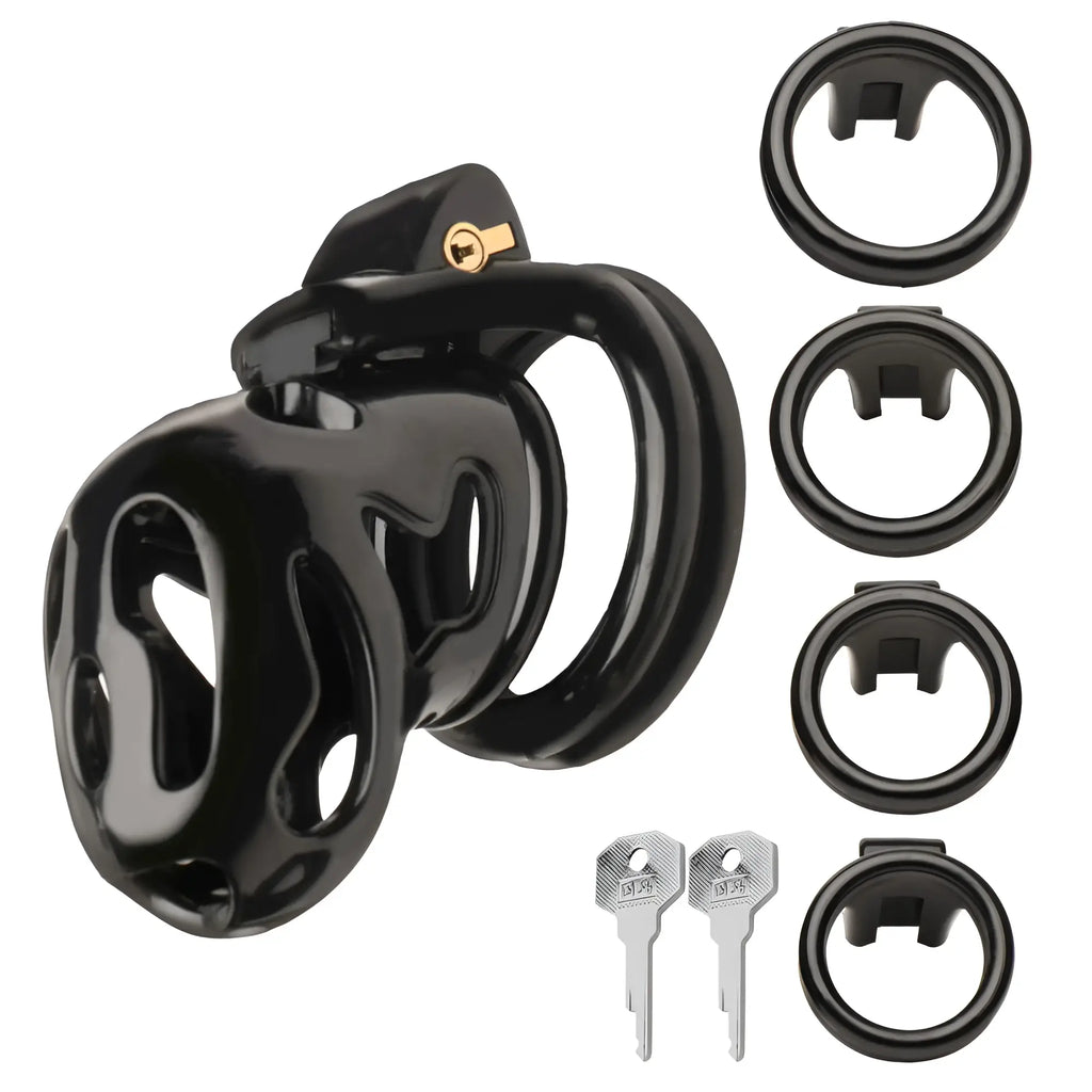 Black glossy plastic Master Series hard stop double ring chastity cage with gold lock and four matching black rings