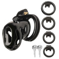 Black glossy plastic Master Series hard stop double ring chastity cage with gold lock and four matching black rings