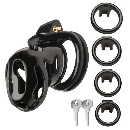 Black glossy plastic Master Series hard stop double ring chastity cage with gold lock and four matching black rings