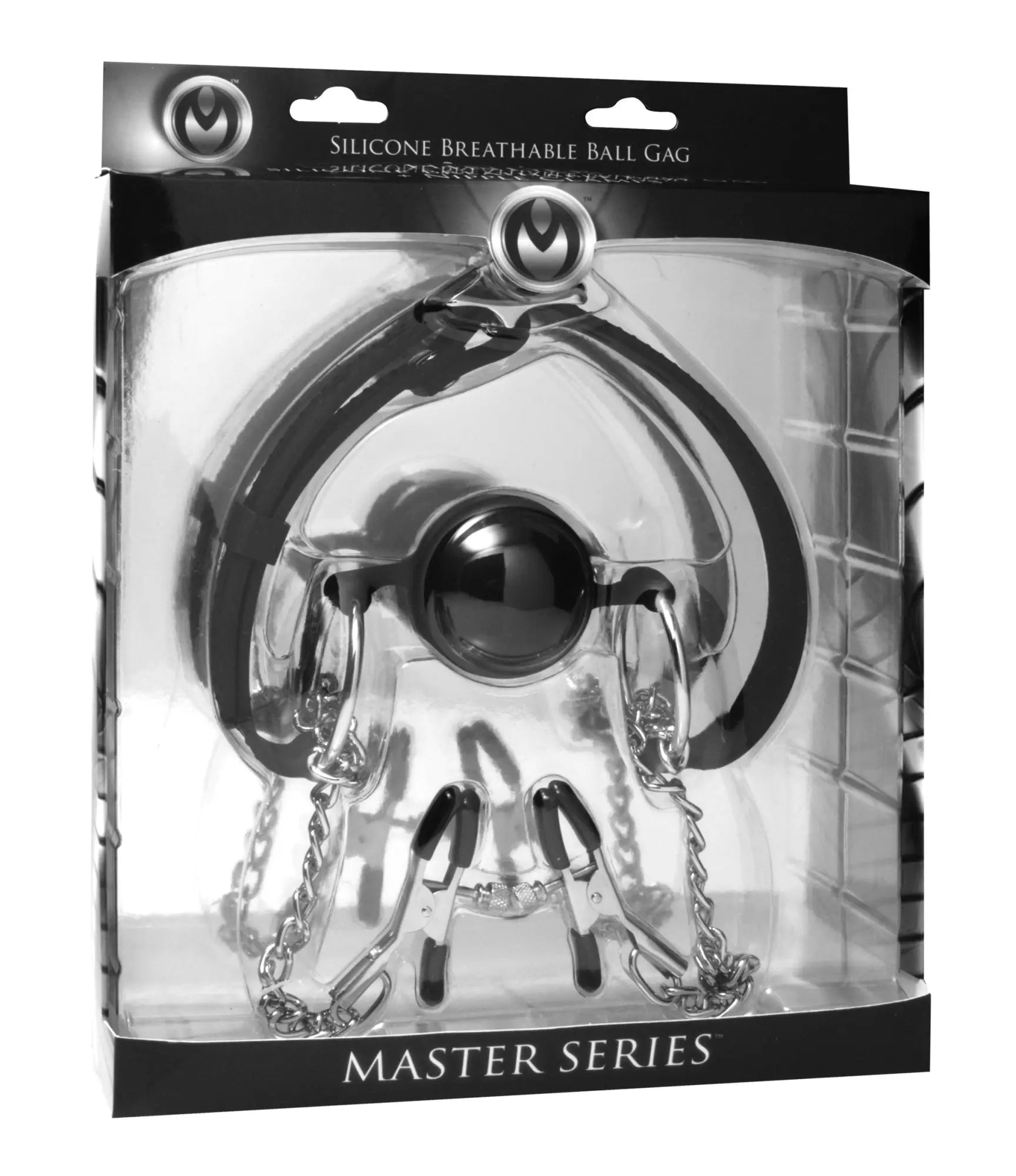 Master Series hinder breathable silicone ball gag with black ball and metallic chain attachments in clear plastic packaging