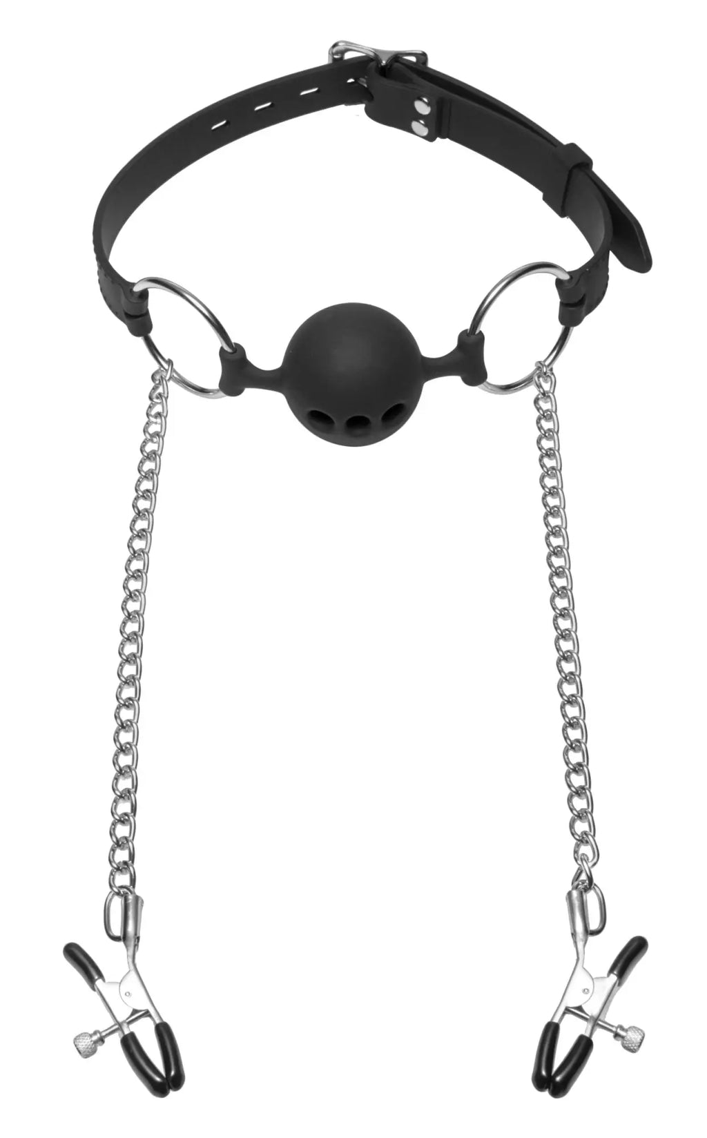 Black leather gag with silver chains and black-tipped nipple clamps in master series hinder breathable silicone ball gag