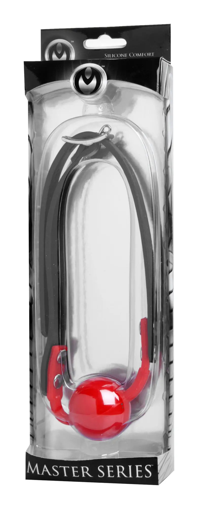 Master series the hush gag silicone comfort ball gag in red with black adjustable straps packaged in clear plastic and cardboard