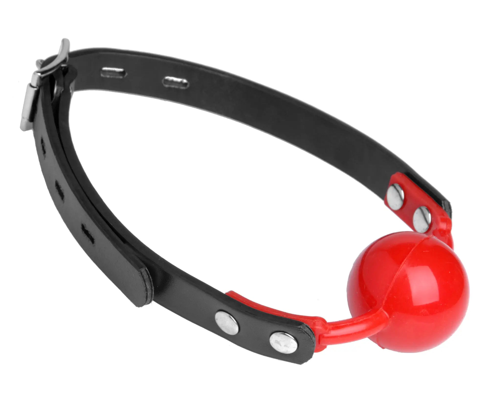 Red silicone comfort ball gag with black leather strap and silver metal hardware from master series the hush gag