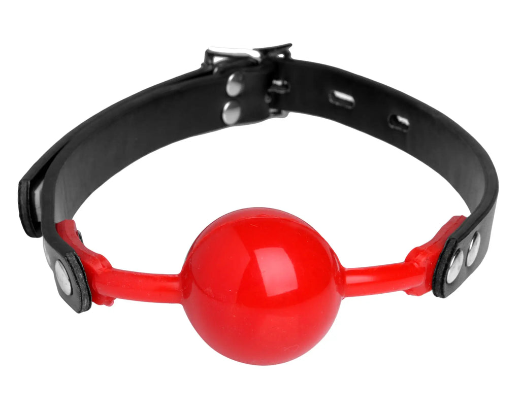 Master Series The Hush Gag red silicone comfort ball gag with black leather strap and silver metal hardware