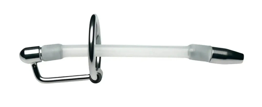 A sleek transparent plastic master series inertia flexible cum-thru plug with metallic silver caps and a black tip