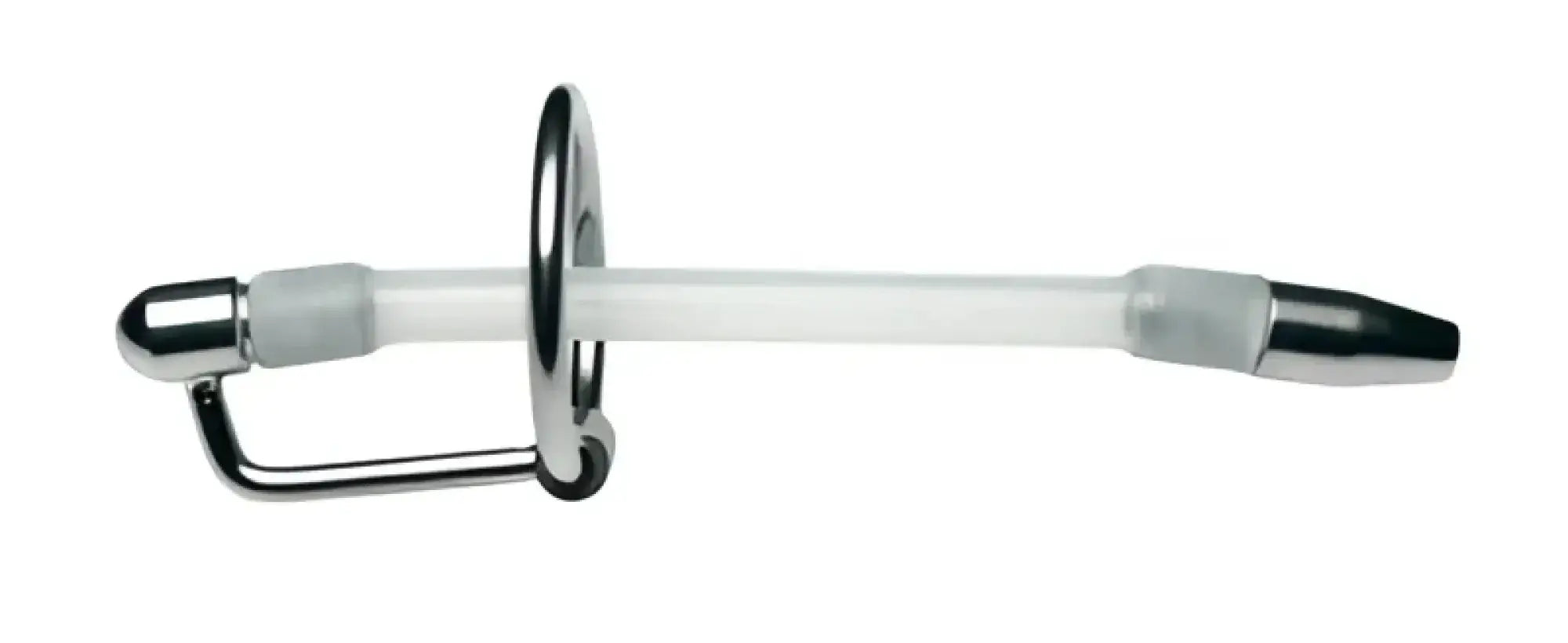 A sleek transparent plastic master series inertia flexible cum-thru plug with metallic silver caps and a black tip