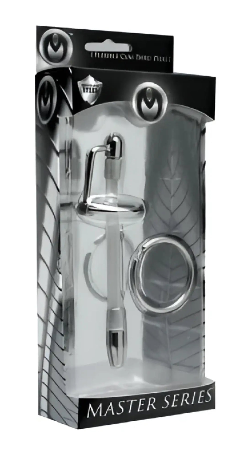 Clear plastic cylindrical inertia flexible cum-thru plug with silver metallic cap in black transparent master series pack