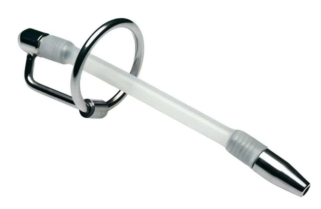 Clear plastic flexible urethral sound with metallic tip and ring from master series inertia cum-thru plug