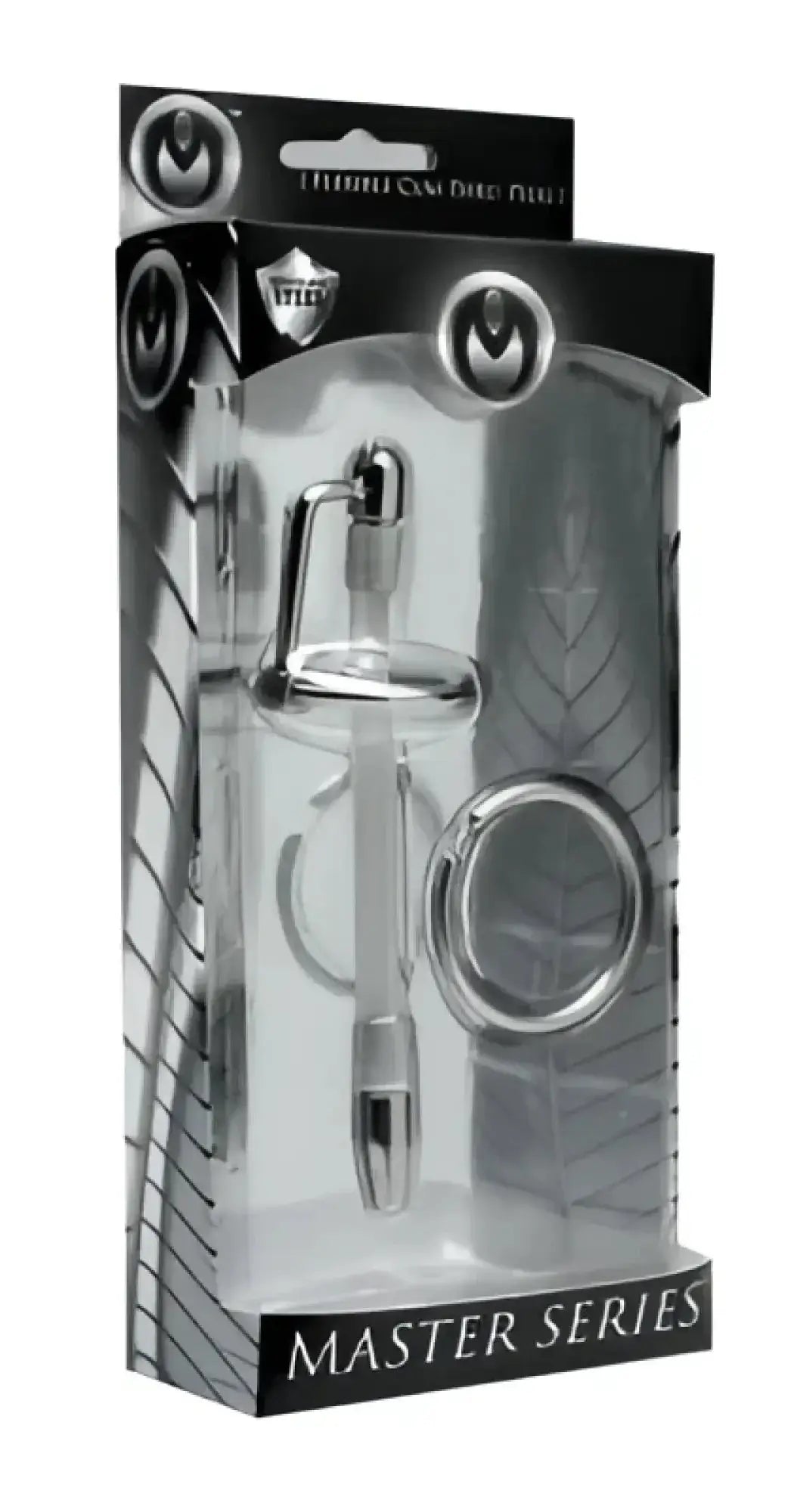 Clear plastic cylindrical inertia flexible cum-thru plug with silver metallic cap in black transparent master series pack