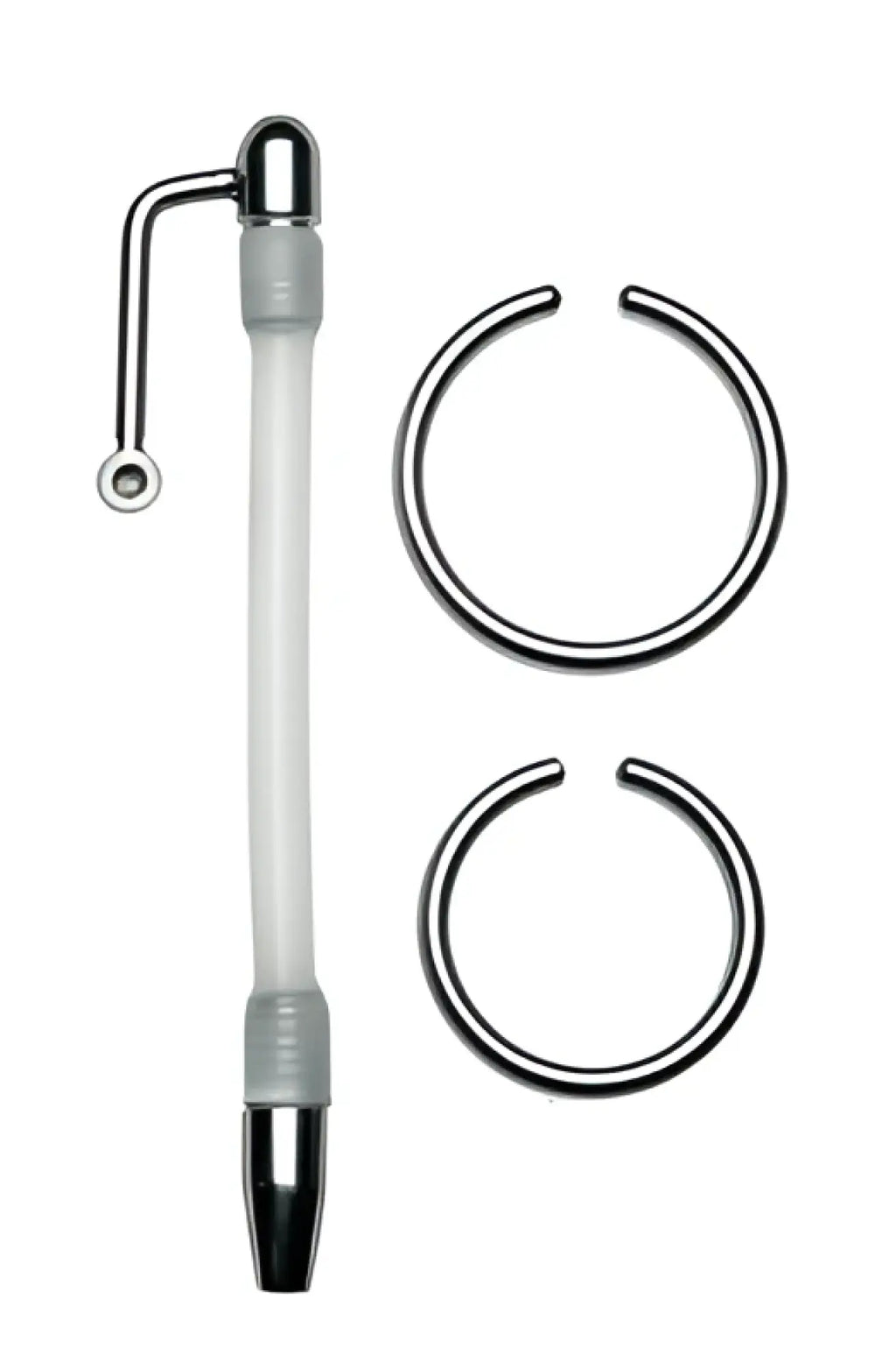Silver metallic pen with transparent barrel and gray grip sections for master series inertia flexible cum-thru plug product