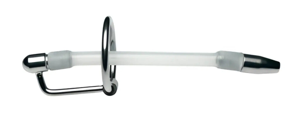 A sleek transparent plastic master series inertia flexible cum-thru plug with metallic silver caps and a black tip