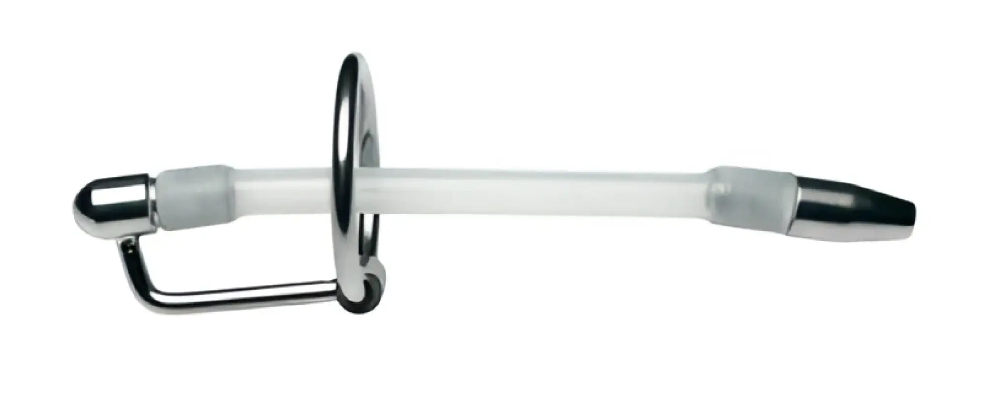 A sleek transparent plastic master series inertia flexible cum-thru plug with metallic silver caps and a black tip