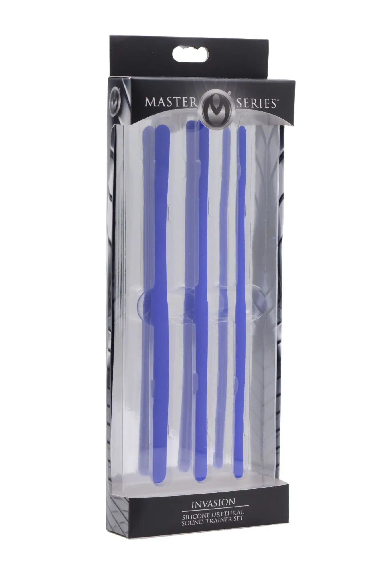 Blue silicone urethral sound trainer set in master series packaging for safe and effective urethral training