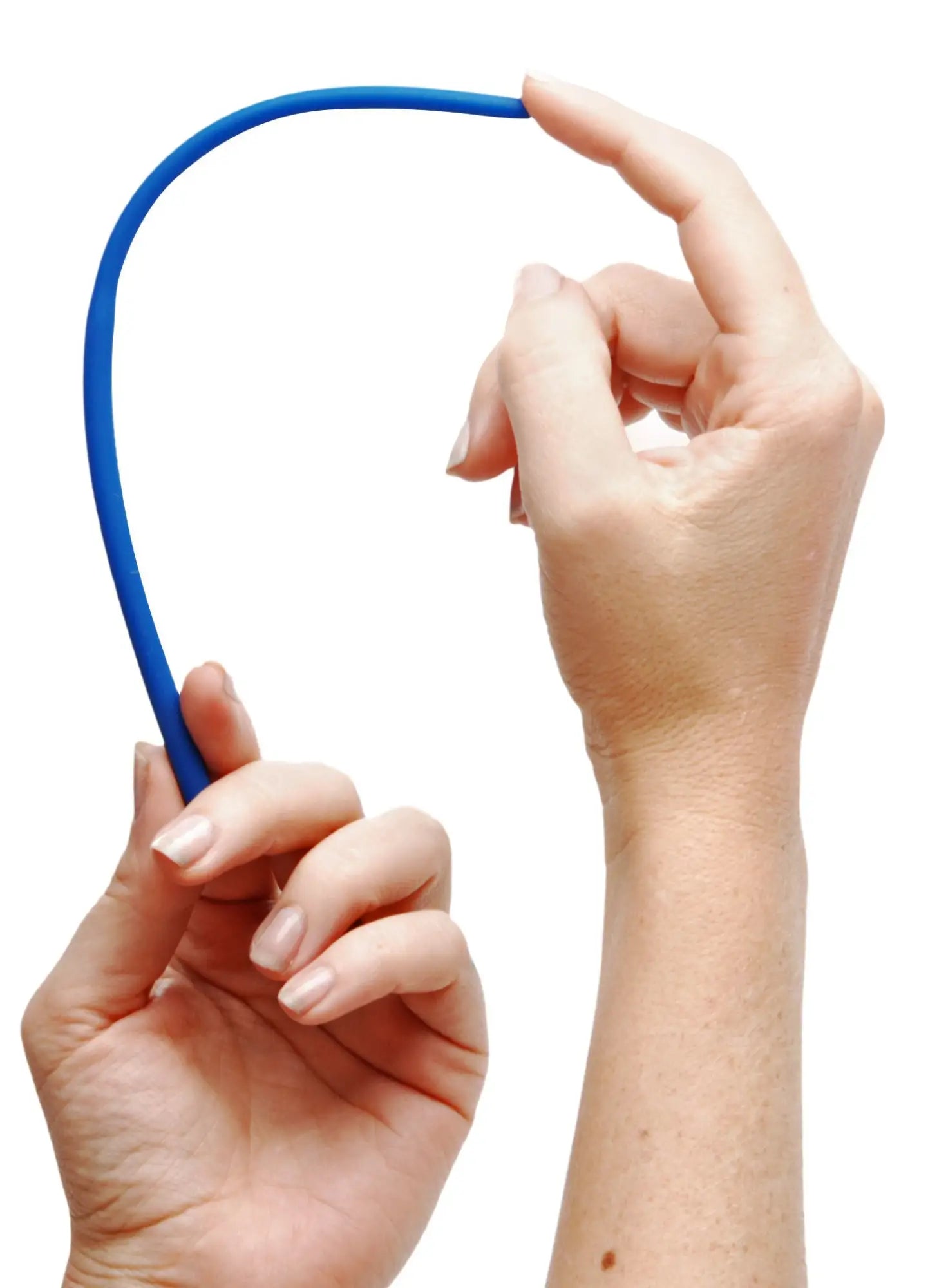 A flexible bright blue silicone urethral sound being gently held in hands from the master series invasion trainer set