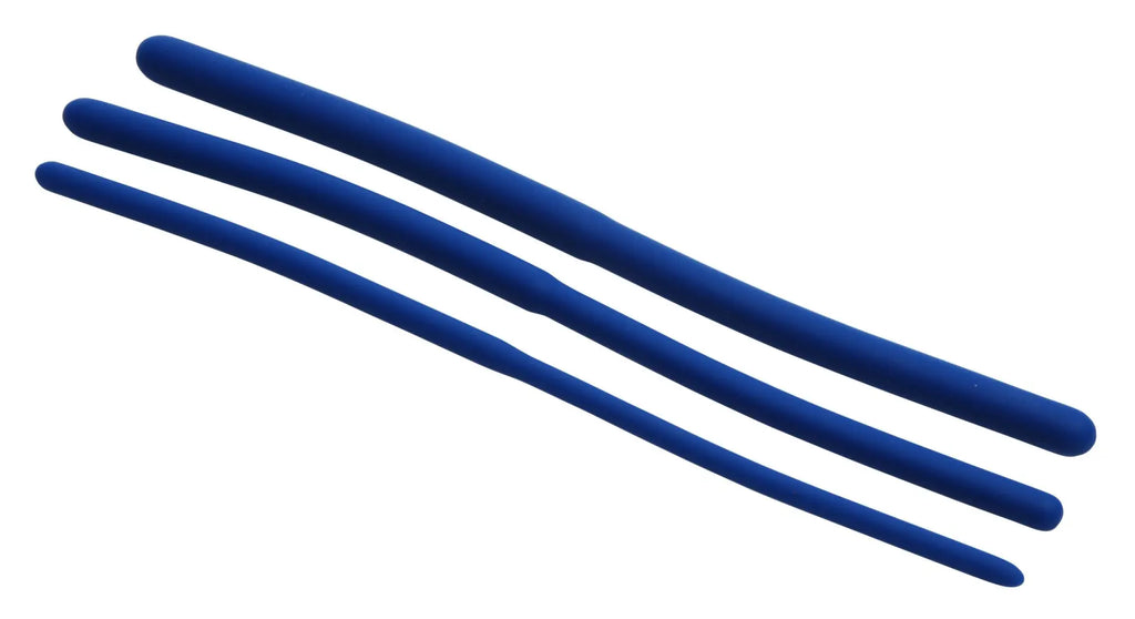 Three blue silicone catheters from the master series invasion silicone urethral sound trainer set displayed on a white background