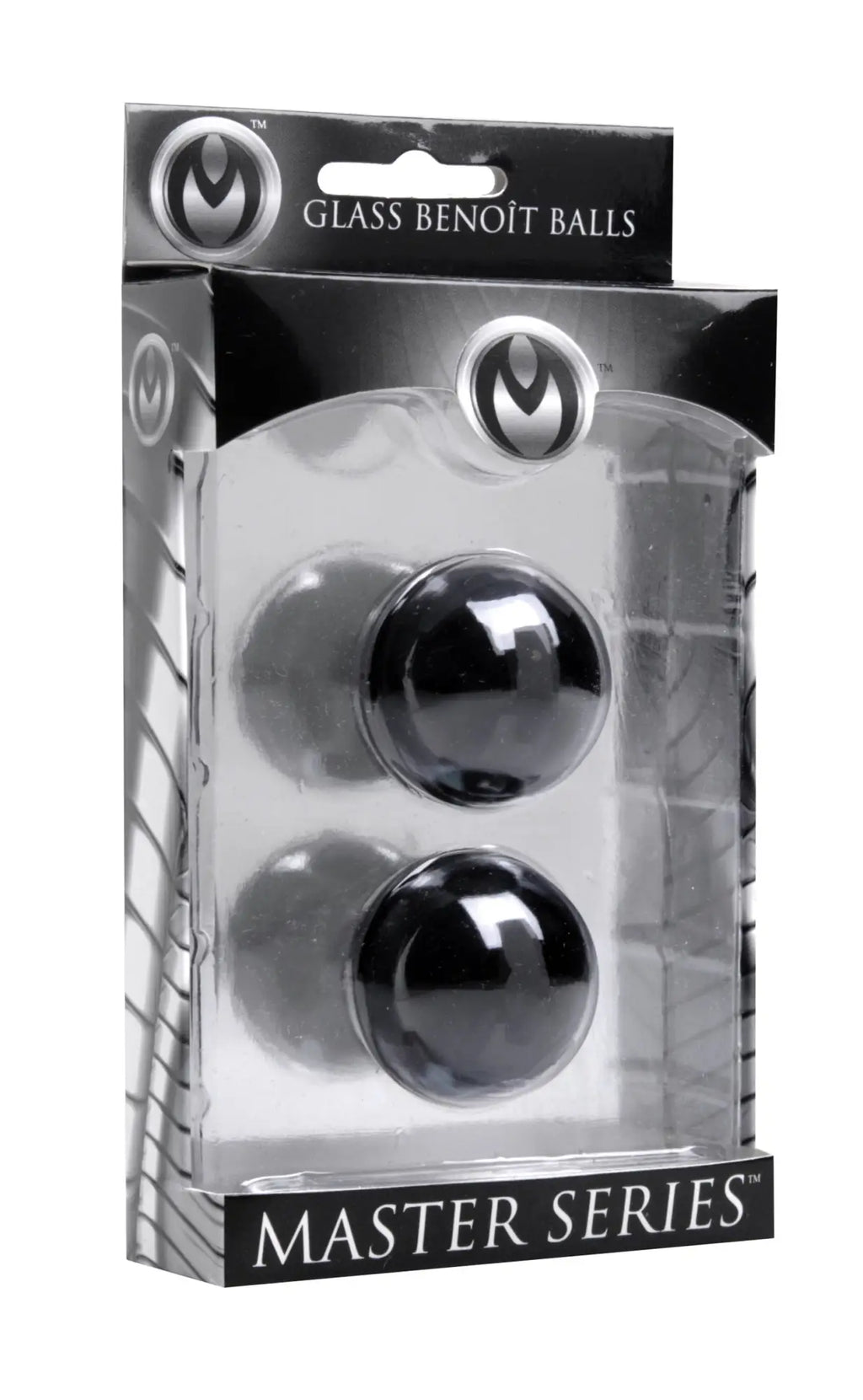 Black glass jaded ben wa balls 30mm in master series package for kegel exercise and pelvic training