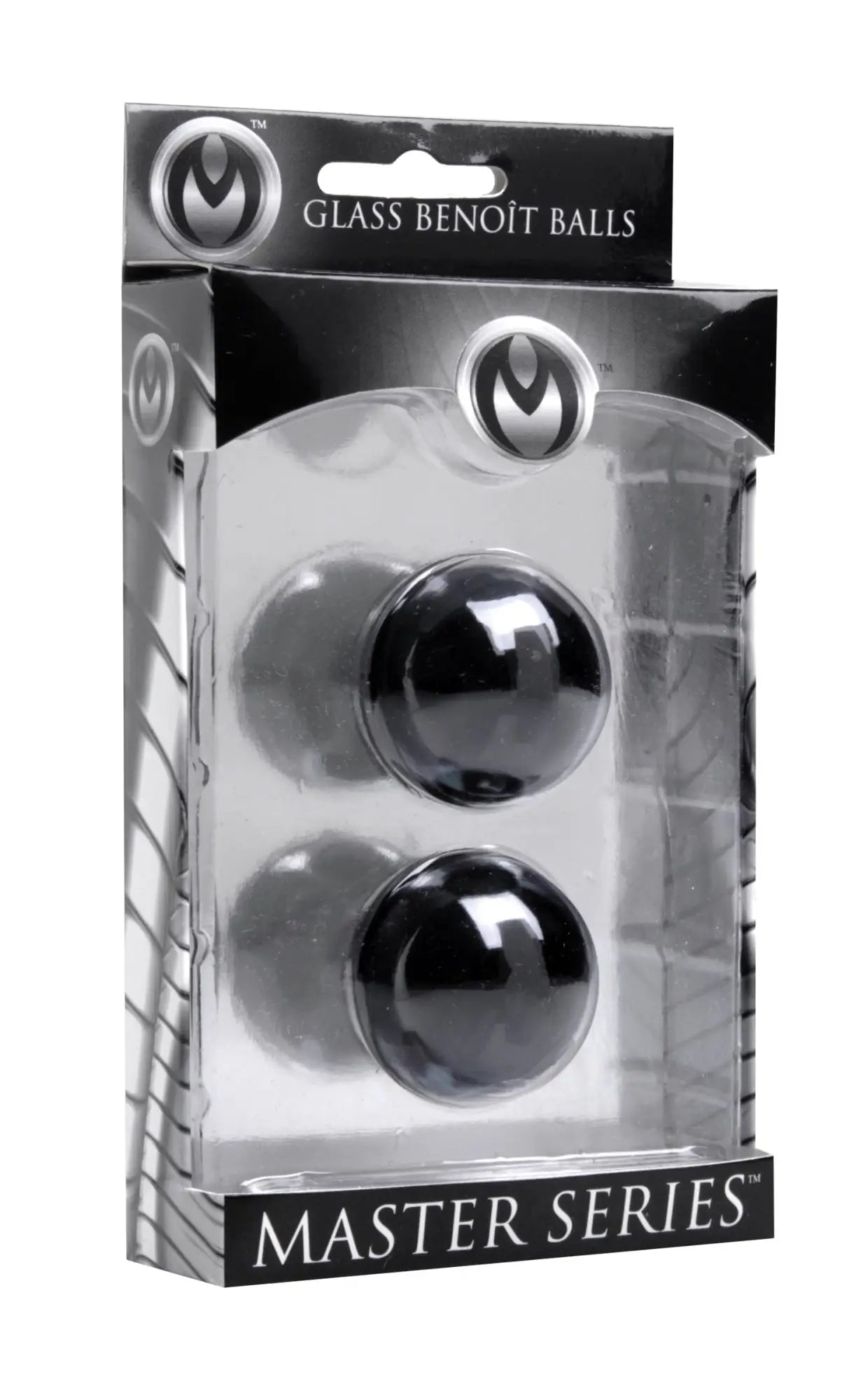 Black glass jaded ben wa balls 30mm in master series package for kegel exercise and pelvic training