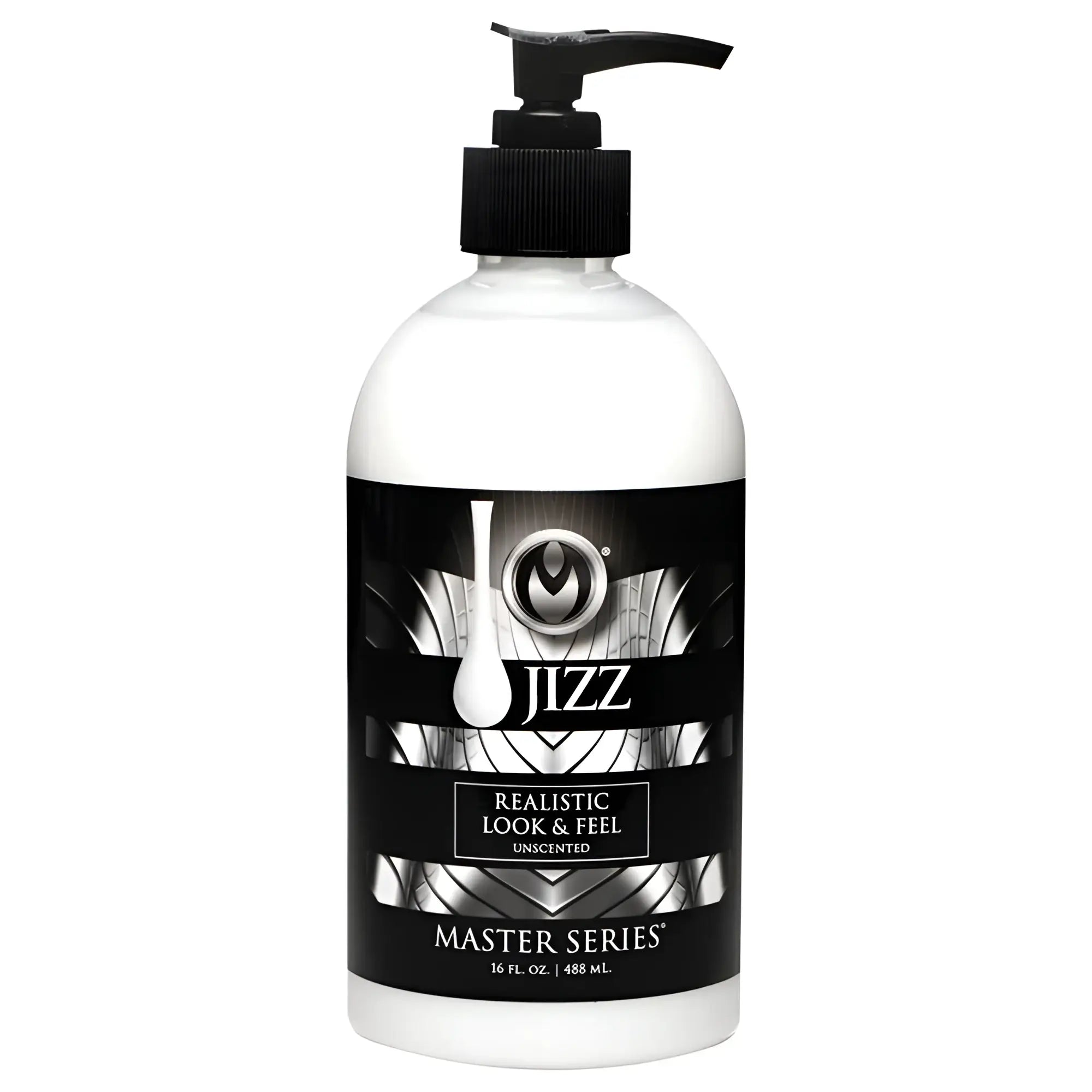 Clear plastic bottle with black pump and sleek black label featuring silver patterns for master series jizz unscented lube