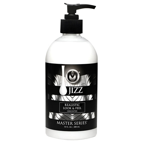 Clear plastic bottle with black pump and sleek black label featuring silver patterns for master series jizz unscented lube