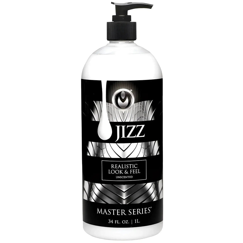 Clear plastic bottle with black pump and sleek black label with silver patterns for master series jizz unscented water.
