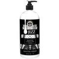 Clear plastic bottle with black pump and sleek black label with silver patterns for master series jizz unscented water.