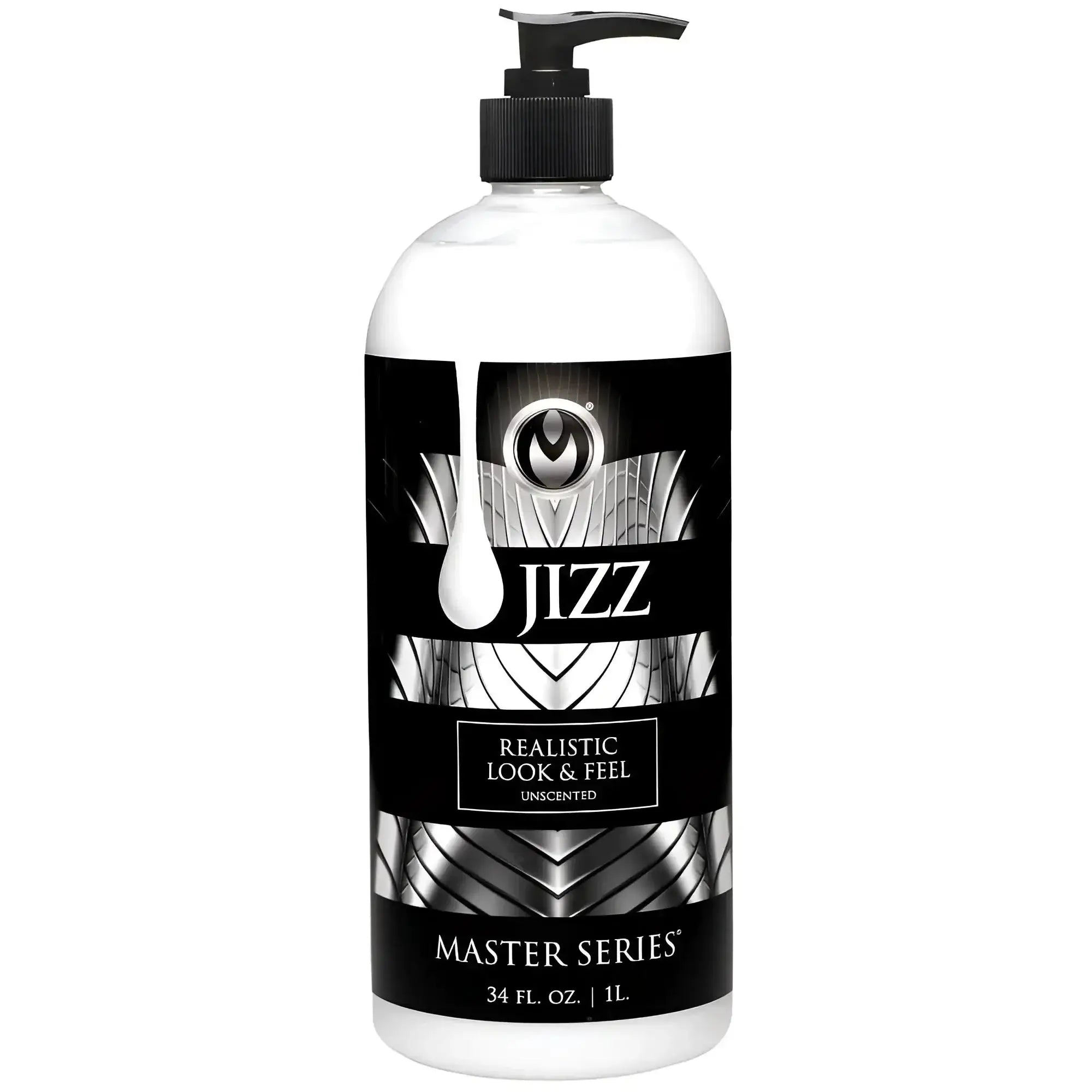 Clear plastic bottle with black pump and sleek black label with silver patterns for master series jizz unscented water.
