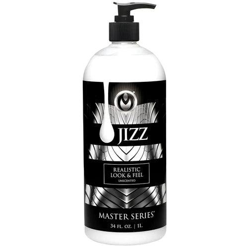 Clear plastic bottle with black pump and sleek black label with silver patterns for master series jizz unscented water.