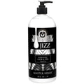 Clear plastic bottle with black pump and sleek black label with silver patterns for master series jizz unscented water based lube 34oz