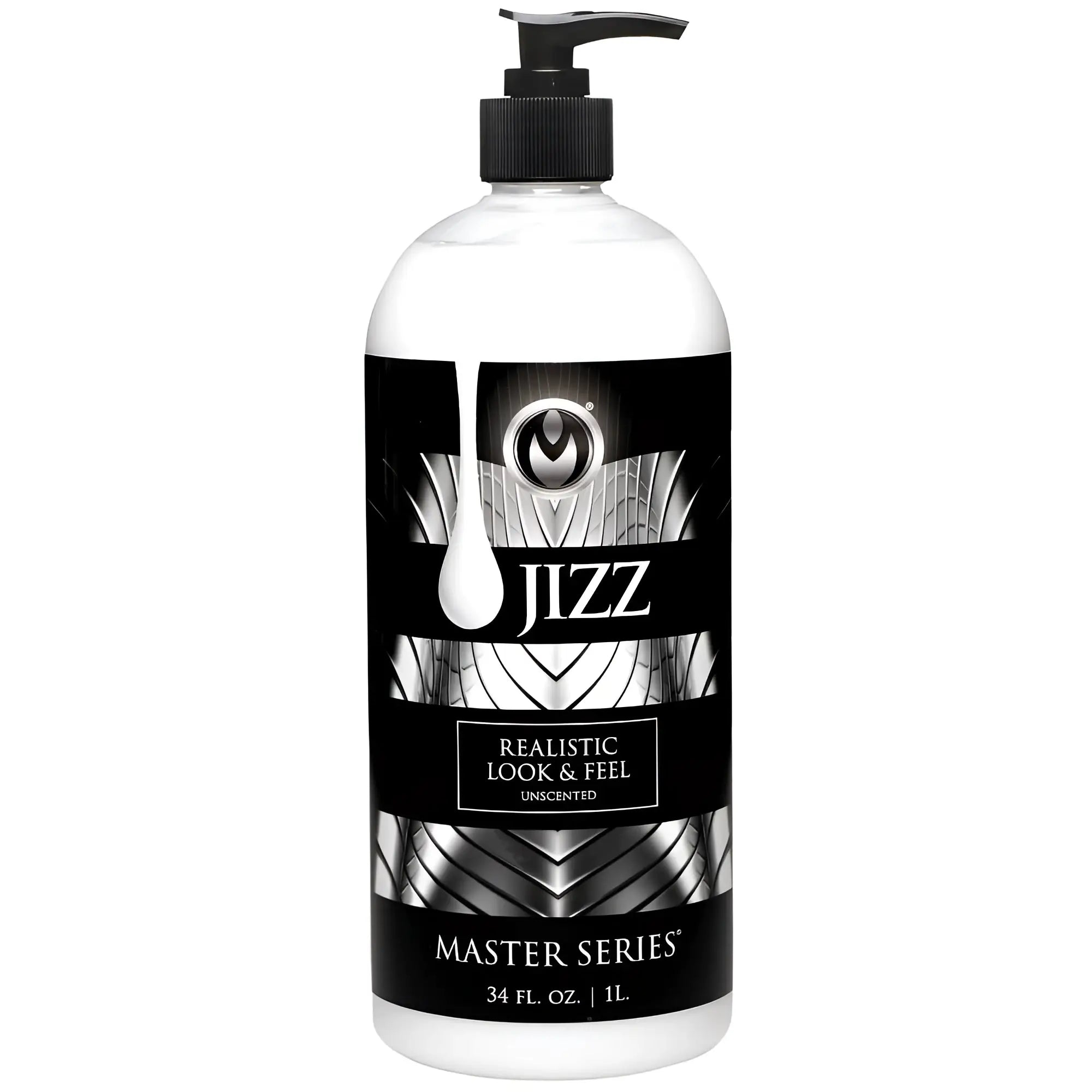 Clear plastic bottle with black pump and sleek black label with silver patterns for master series jizz unscented water based lube 34oz