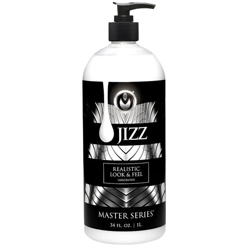 Clear plastic bottle with black pump and sleek black label with silver patterns for master series jizz unscented water.