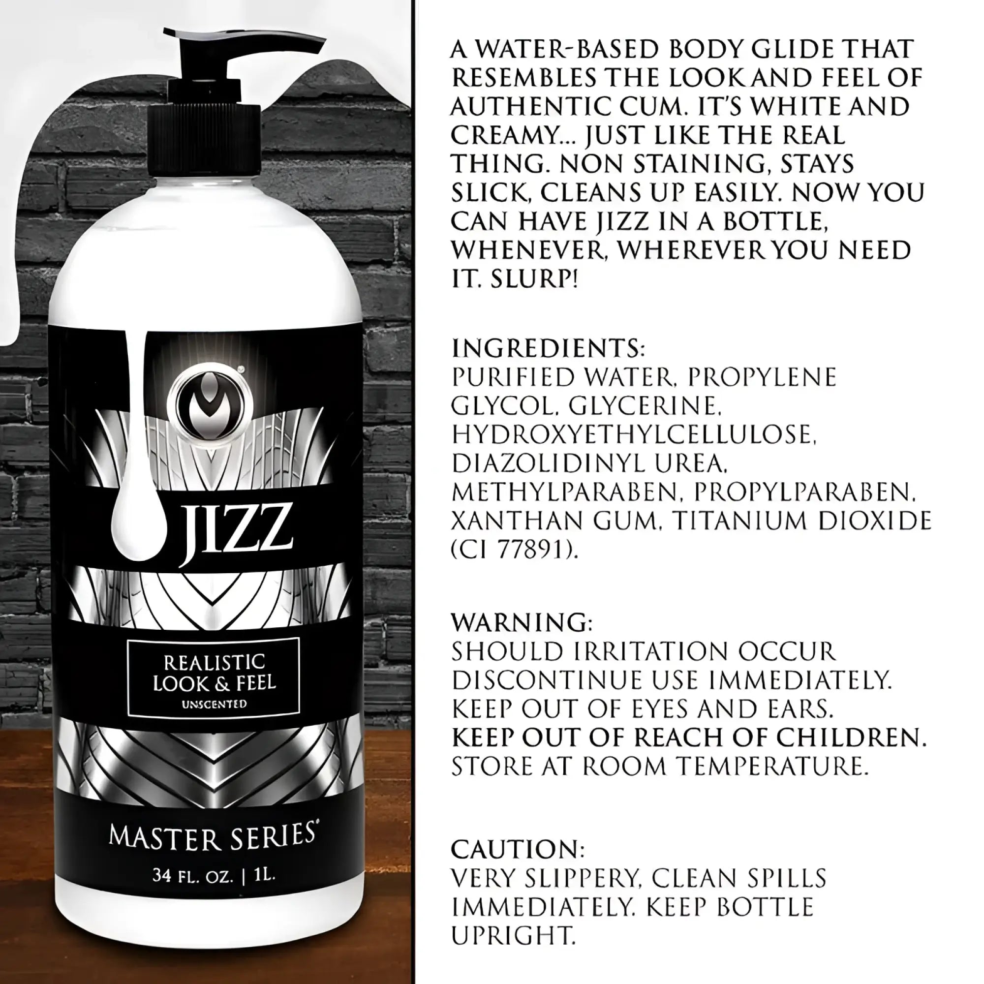 White plastic bottle with black pump labeled master series jizz unscented water based lube 34oz with silver design