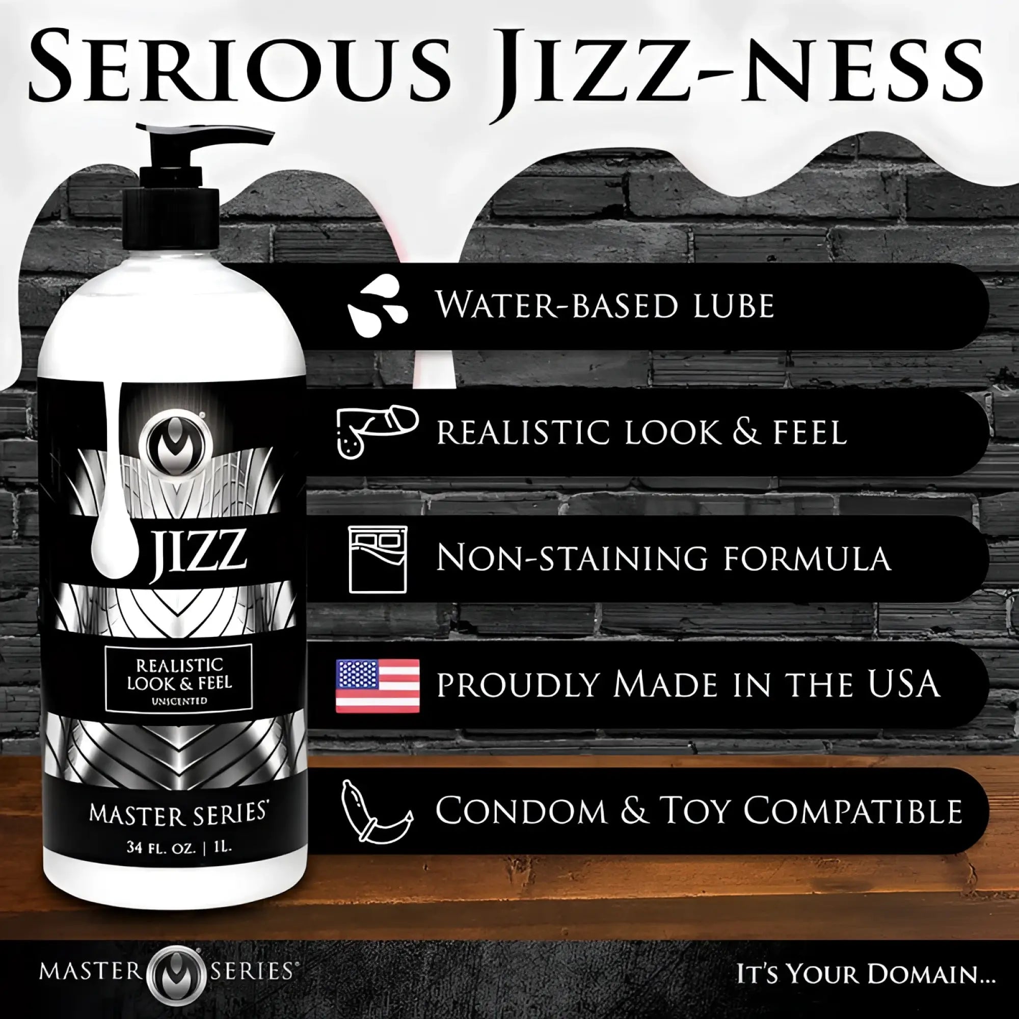 White plastic bottle with black pump dispenser of master series jizz unscented water based lube 34oz with silver patterns