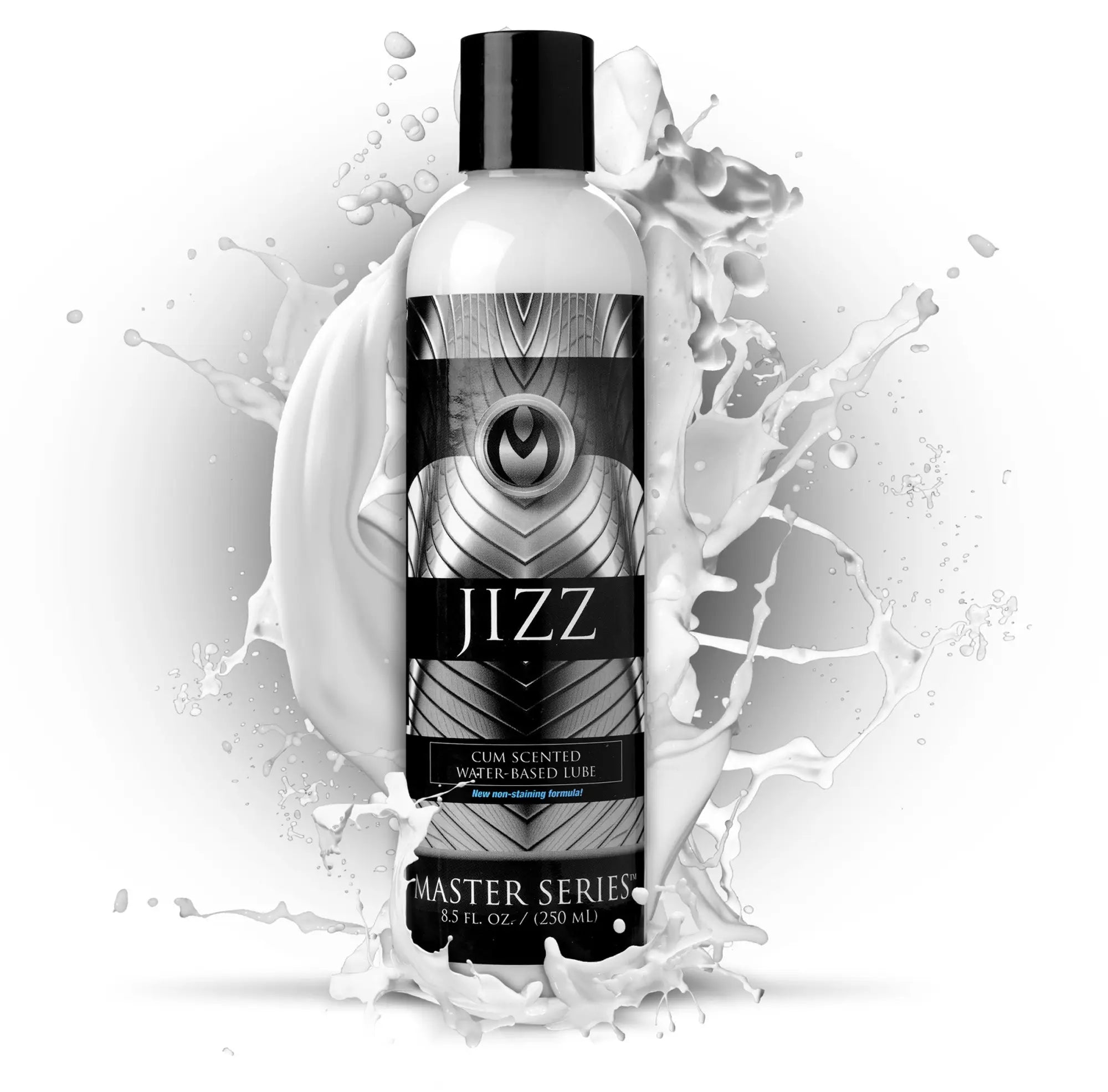 A sleek black and silver bottle of master series jizz scented water based lubricant with a glossy finish 8oz