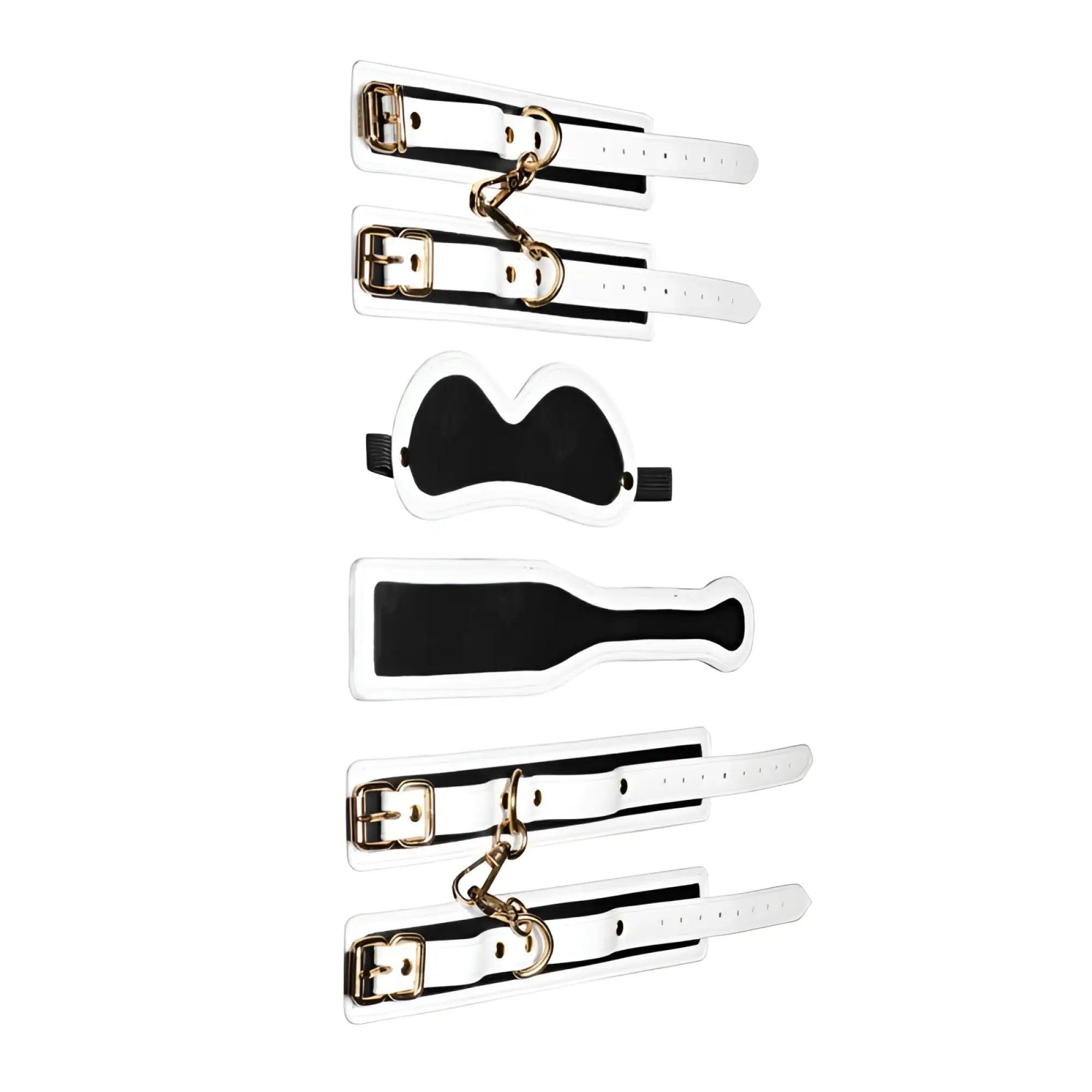 White leather bondage set with black stripes and gold-tone hardware from master series kink in the dark glowing set