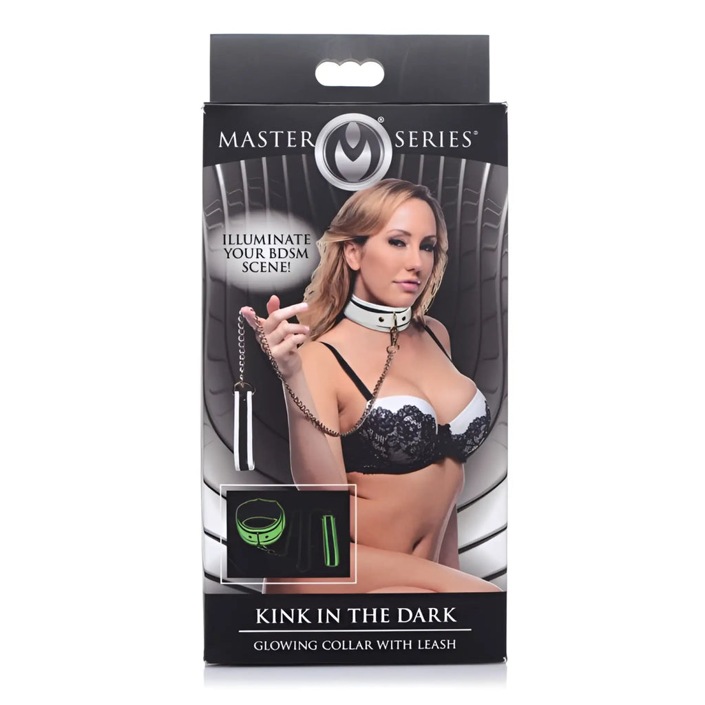 Master series kink in the dark glowing collar and lead with white leather band and black light unit in fluro green