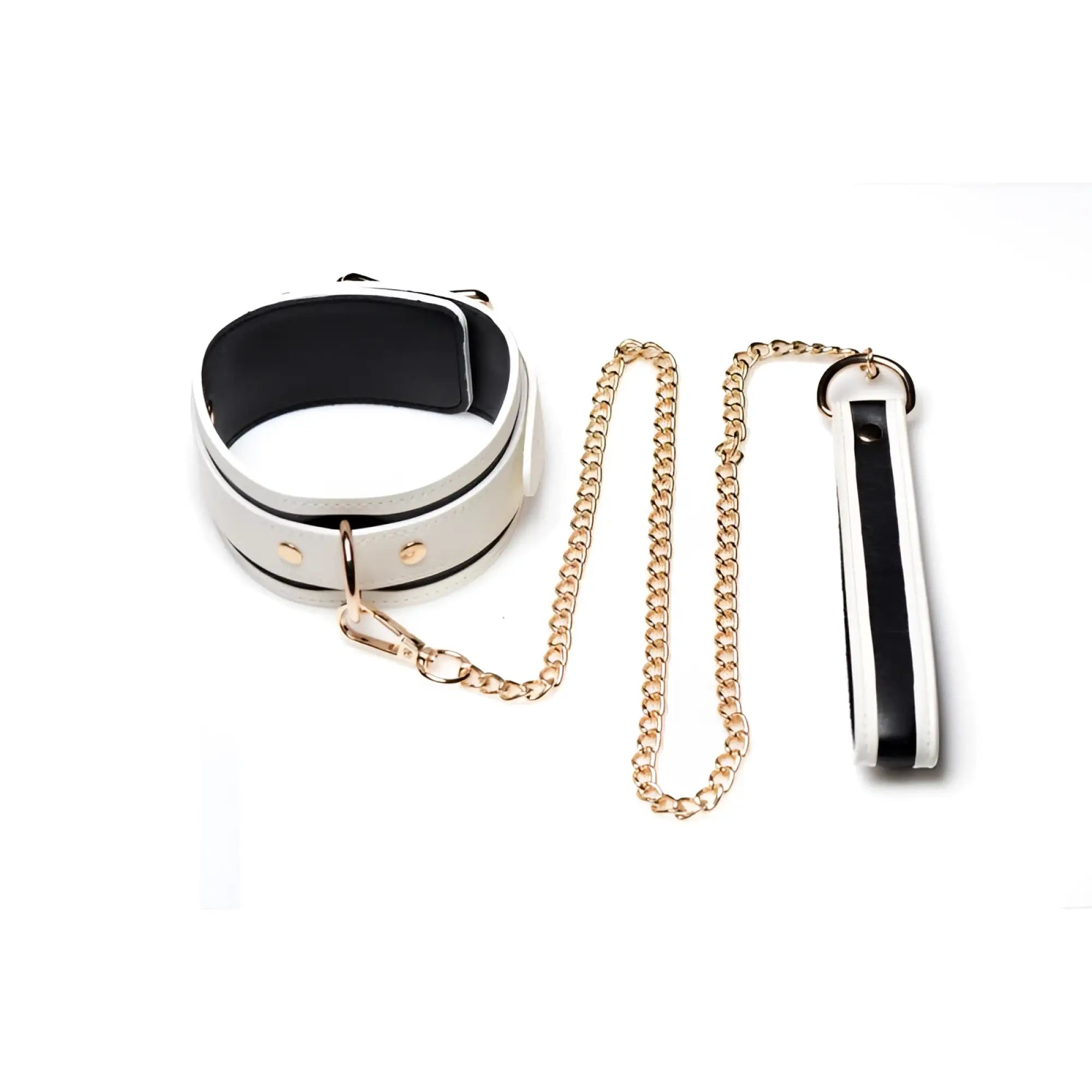 White and black leather collar with gold-tone chain and matching leash from master series kink in the dark fluro green
