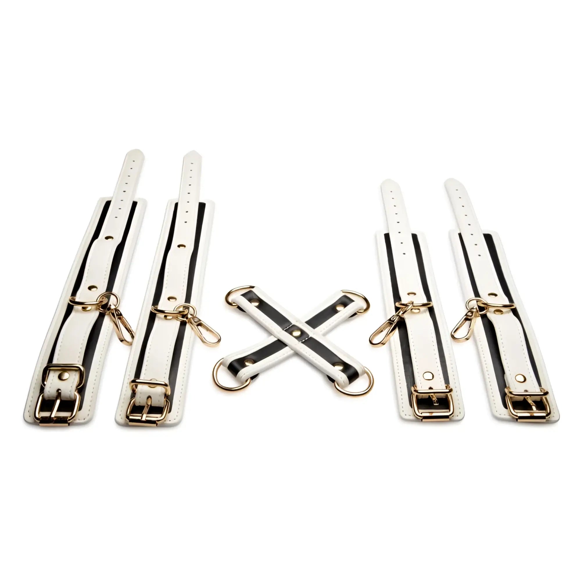 White leather bondage set with black stripes and gold tone hardware from master series kink in the dark glowing hog tie set fluro green