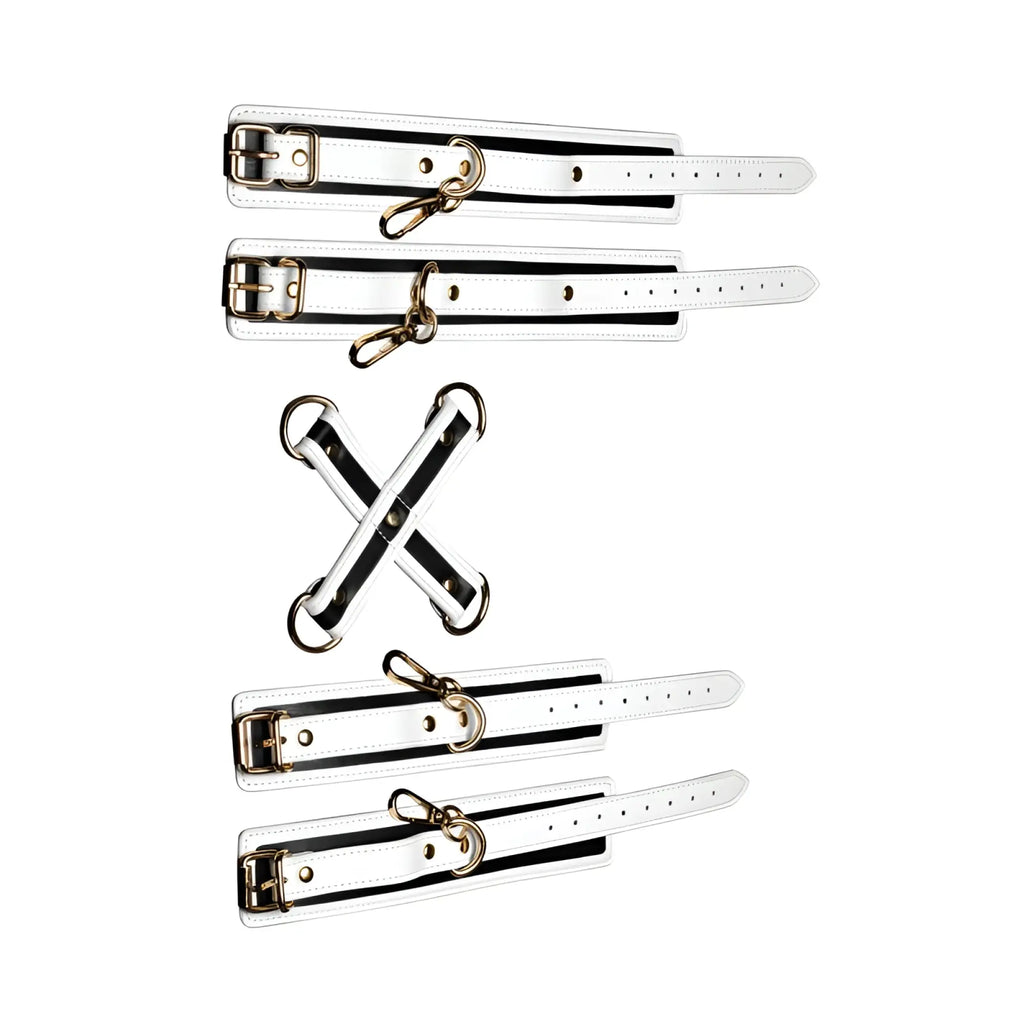 White leather cuffs with black stripes and gold-tone hardware from master series kink in the dark glowing hog tie set fluro green