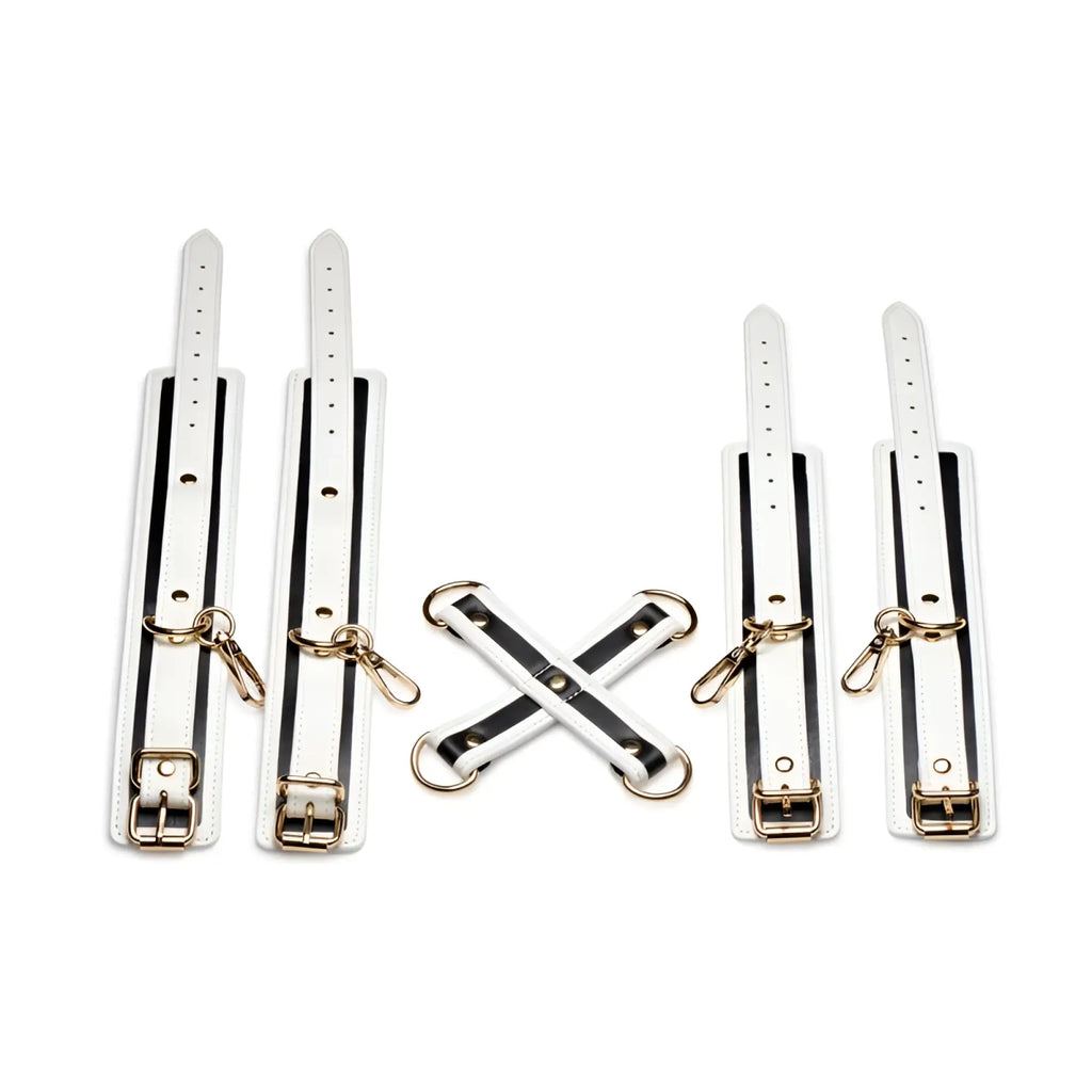 White leather wrist cuffs with black stripes and gold-tone hardware from master series kink in the dark glowing hog tie set fluro green