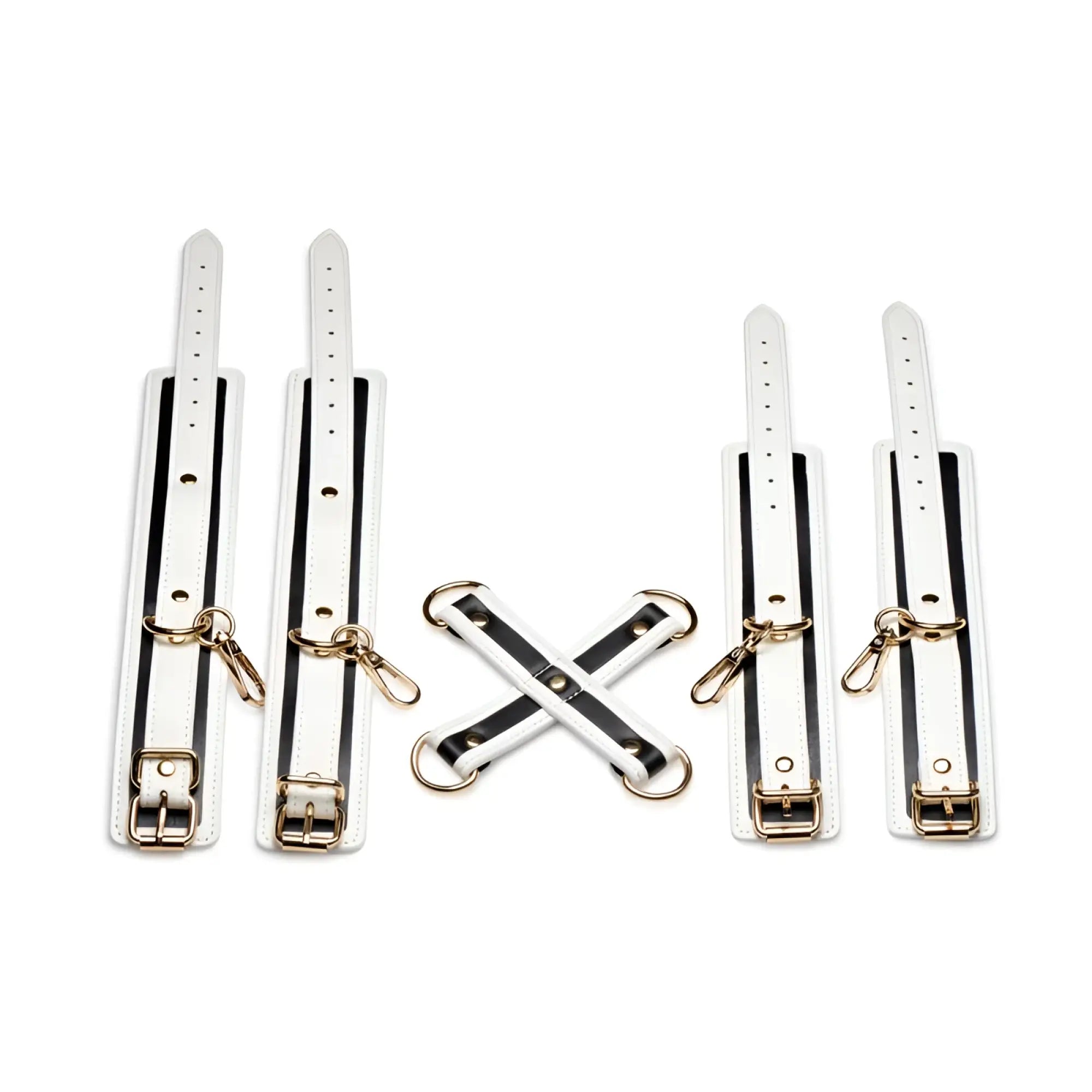 White leather wrist cuffs with black stripes and gold-tone hardware from master series kink in the dark glowing hog tie set fluro green