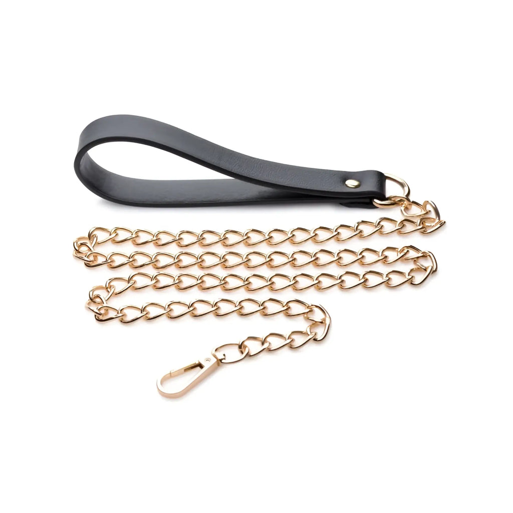 Master Series Leashed Lover black leather wrist strap with gold chain and clasp for stylish leash use