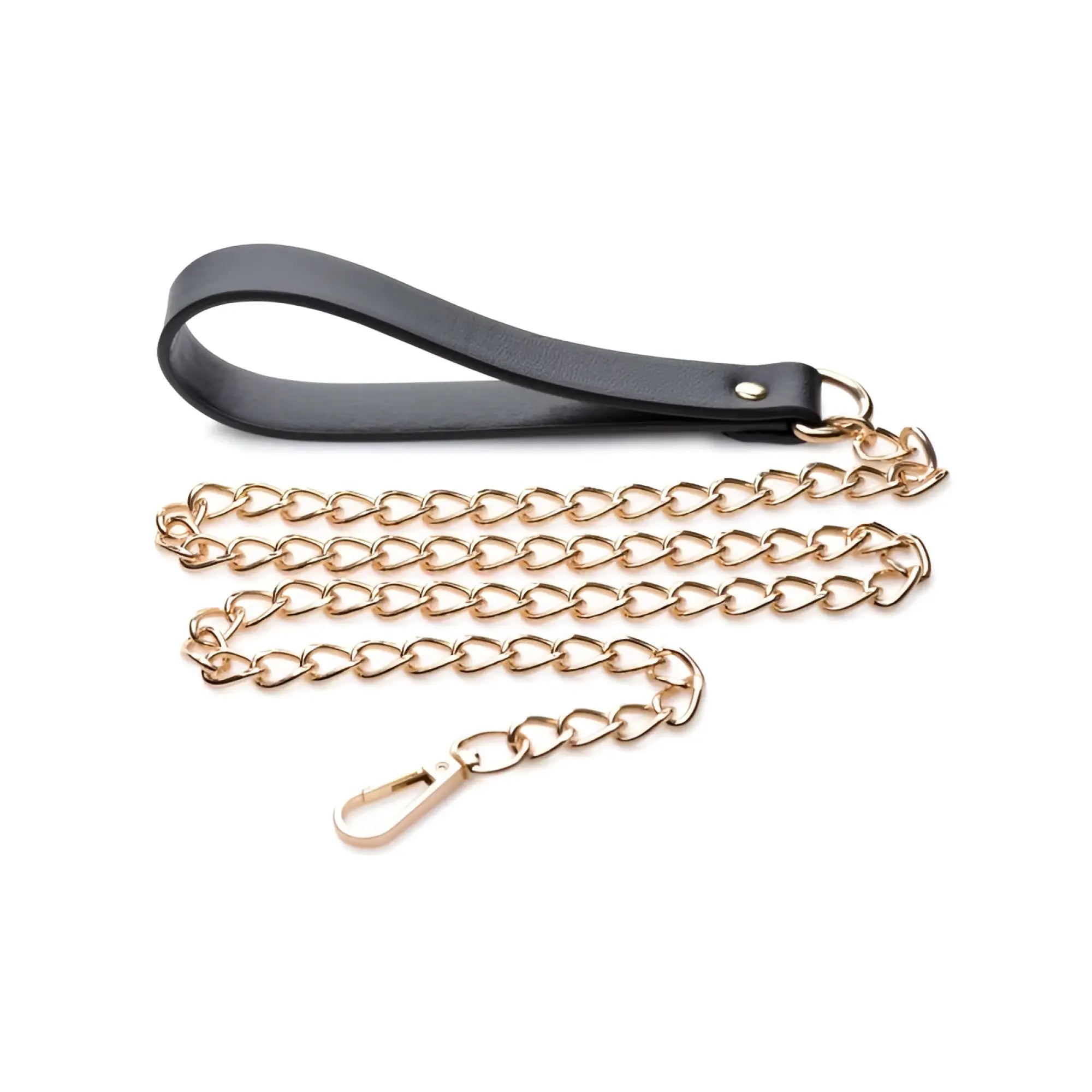 Master Series Leashed Lover black leather wrist strap with gold chain and clasp for stylish leash use