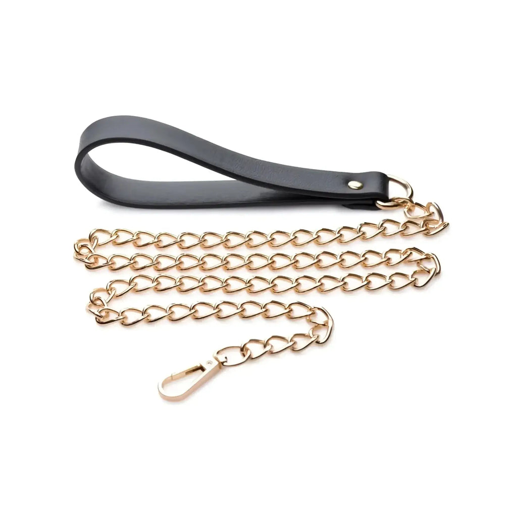 Master Series Leashed Lover black leather wrist strap with gold chain and clasp for stylish leash use